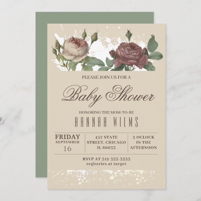 Convite para Chá de fraldas Dourado Floral Blush B (Frente/Verso)