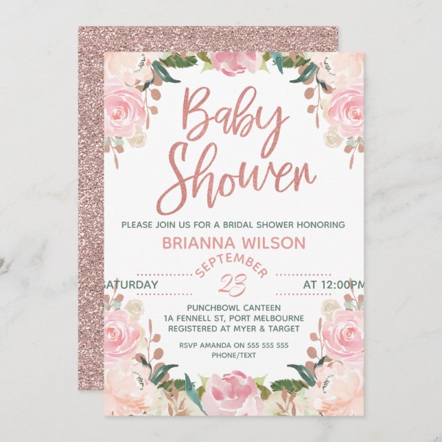 Convite para Chá de fraldas Dourado Floral Rosa (Frente/Verso)