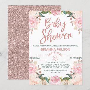 Convite para Chá de fraldas Dourado Floral Rosa