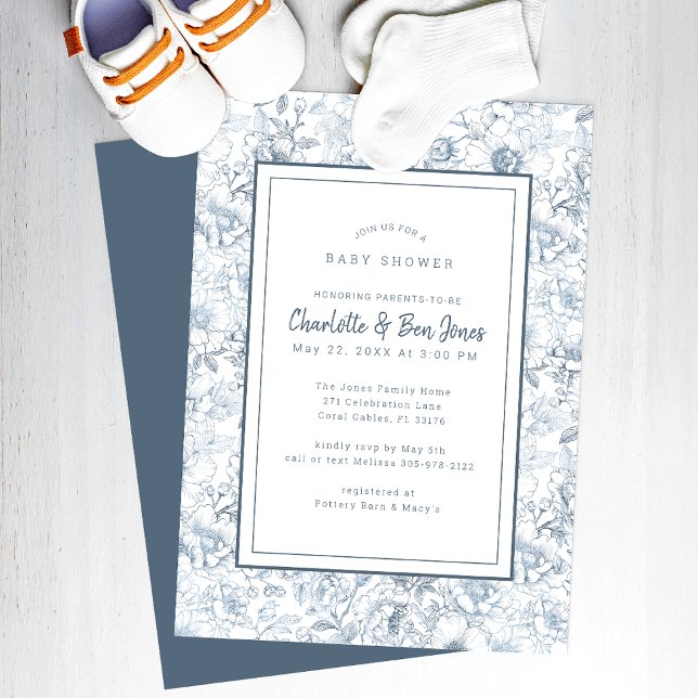 Convite para Chá de fraldas Dusty Blue Chinoiserie (Classic Baby Shower Invitation)