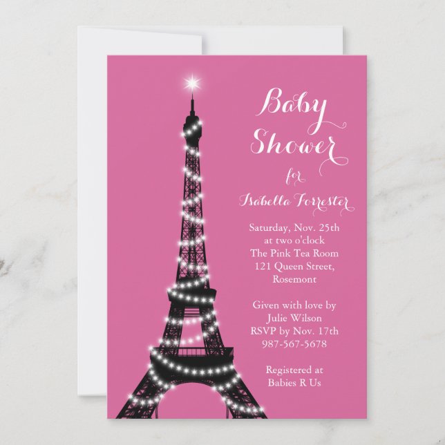 Convite para Chá de fraldas Eiffel Tower Twinkles (Frente)