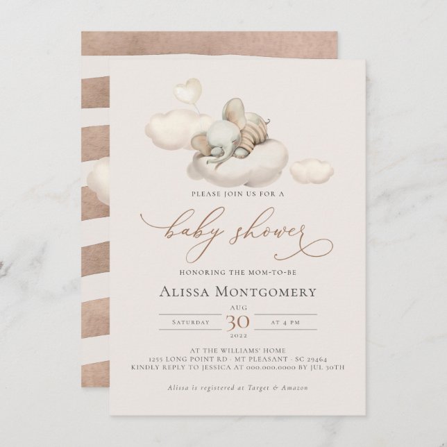 Convite para Chá de fraldas Elefante (Frente/Verso)