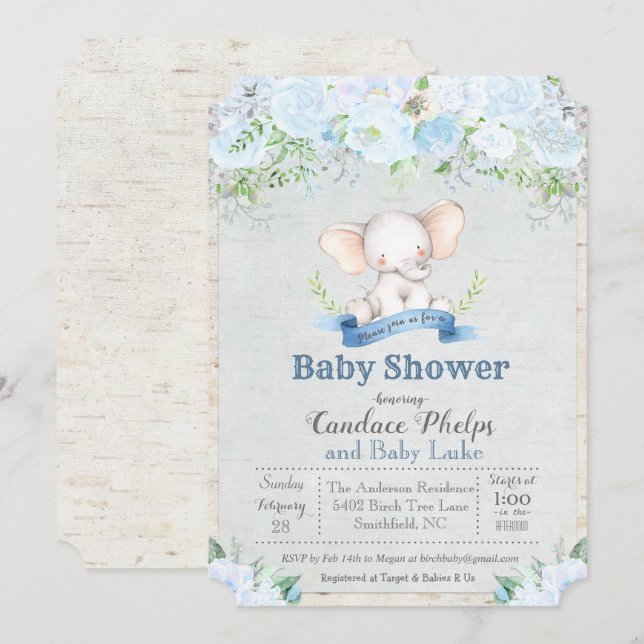 Convite para Chá de fraldas Elefante Floral Boy (Frente/Verso)