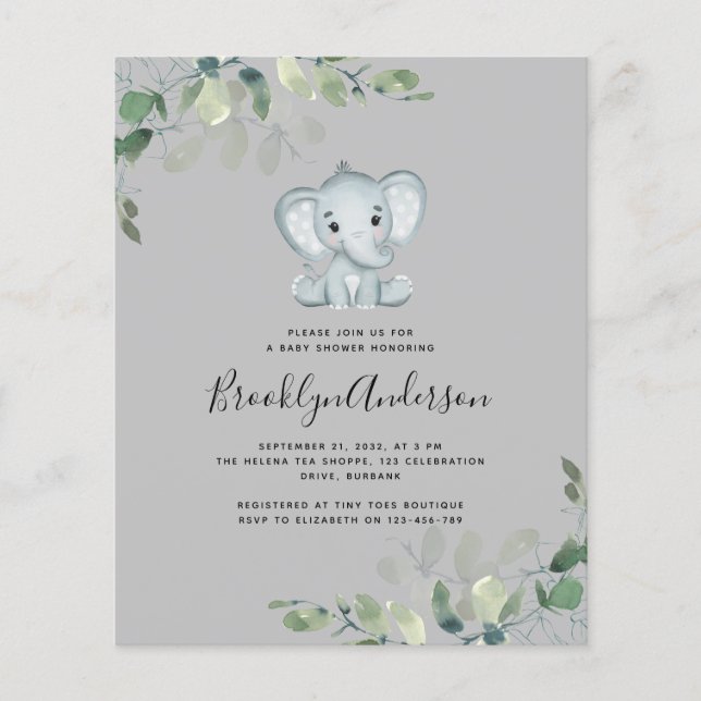 Convite para Chá de fraldas Eucalyptus Elefante BU (Frente)