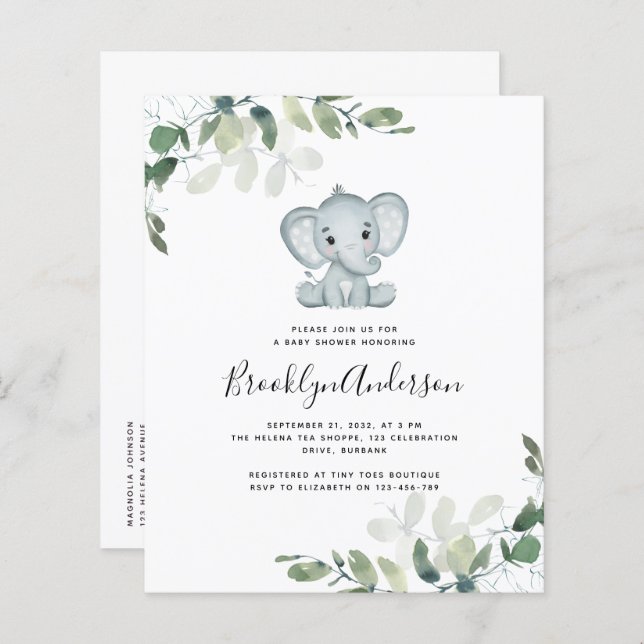 Convite para Chá de fraldas Eucalyptus Elefante BU (Frente/Verso)