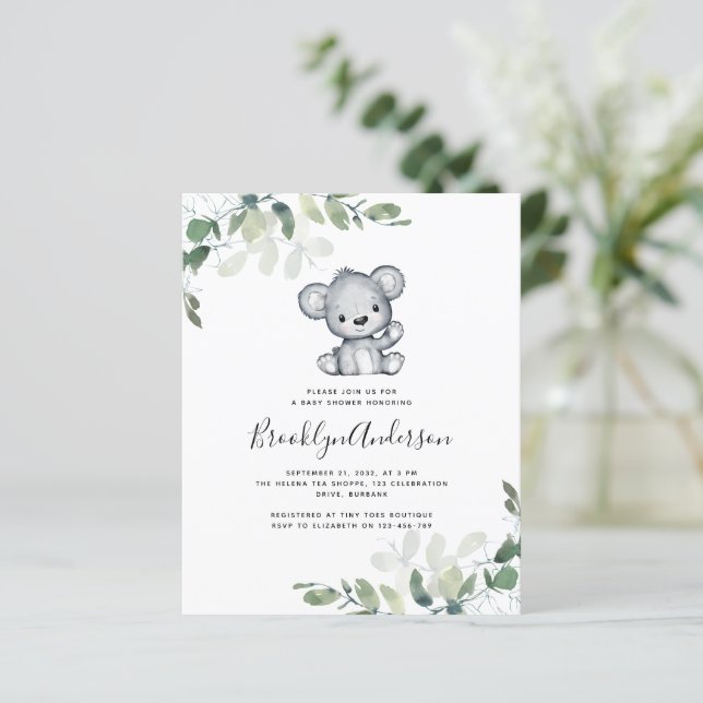 Convite para Chá de fraldas Eucalyptus Urso BUDGET (Em pé/Frente)