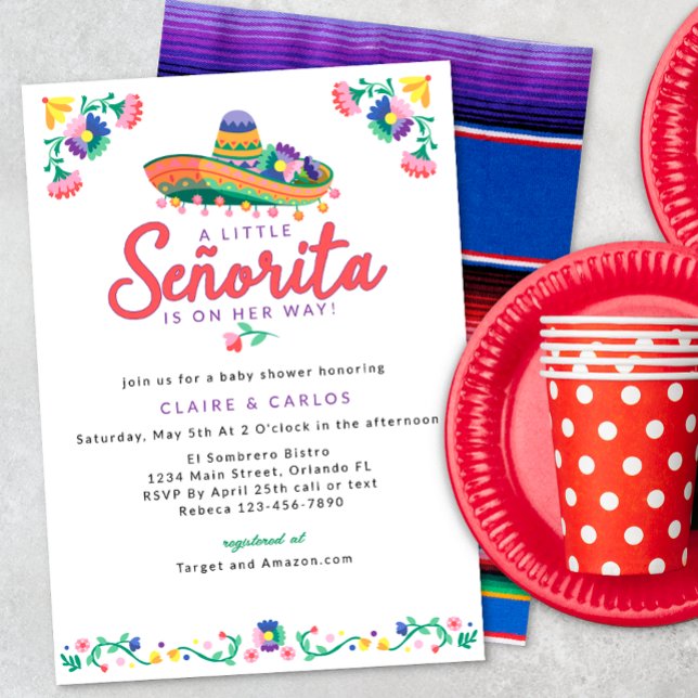 Convite para Chá de fraldas Fiesta - Floral Sombre (Mexican Fiesta Baby Shower)