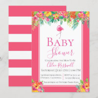 Convite para Chá de fraldas Flamingo Floral Rosa
