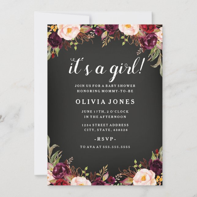 Convite para Chá de fraldas Floral Burgundy Chalkb (Frente)