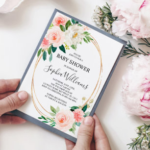 Convite para Chá de fraldas Floral Cor-de-Rosa Esb