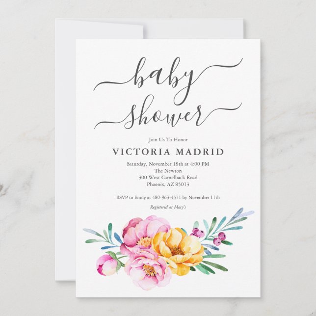 Convite para Chá de fraldas Floral de Aquarela (Frente)