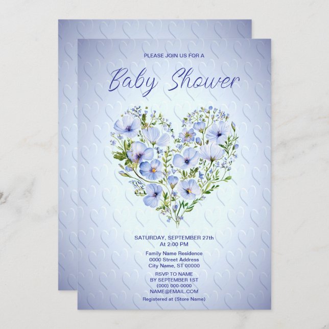 Convite para Chá de fraldas Floral de Coração Azul (Frente/Verso)