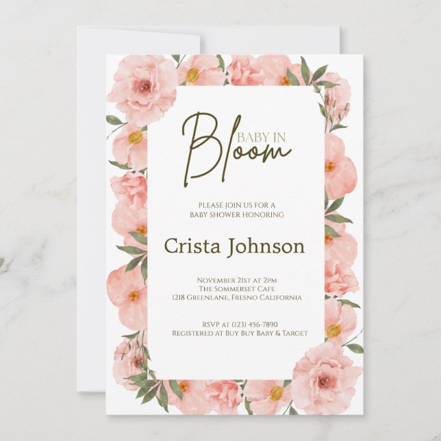 Convite para Chá de fraldas Floral de Peach refina (Frente)