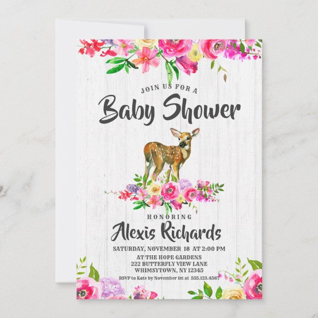 Convite para Chá de fraldas Floral Fawn Deer Water (Frente)