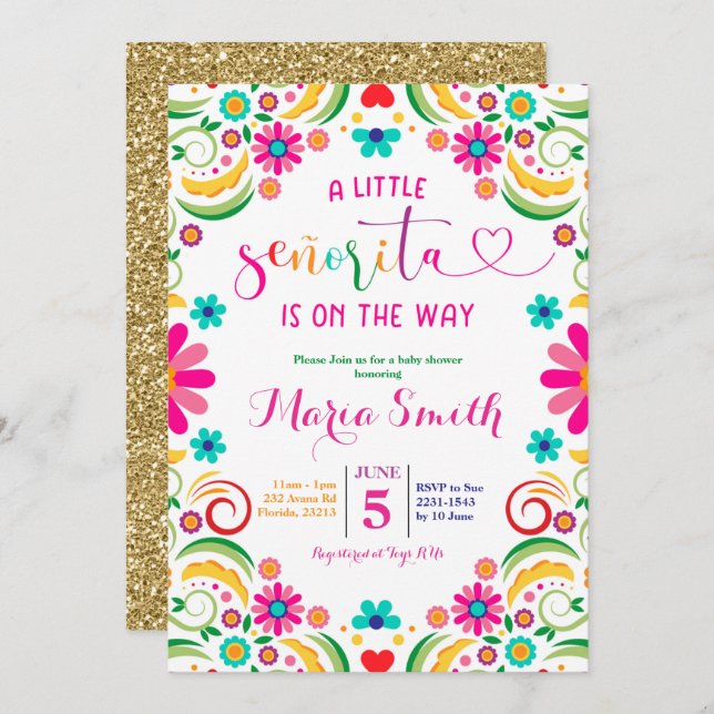 Convite para Chá de fraldas Floral Fiesta Mexicano (Frente/Verso)