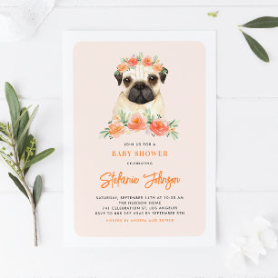 Convite para Chá de fraldas Floral Peach Pug Wate