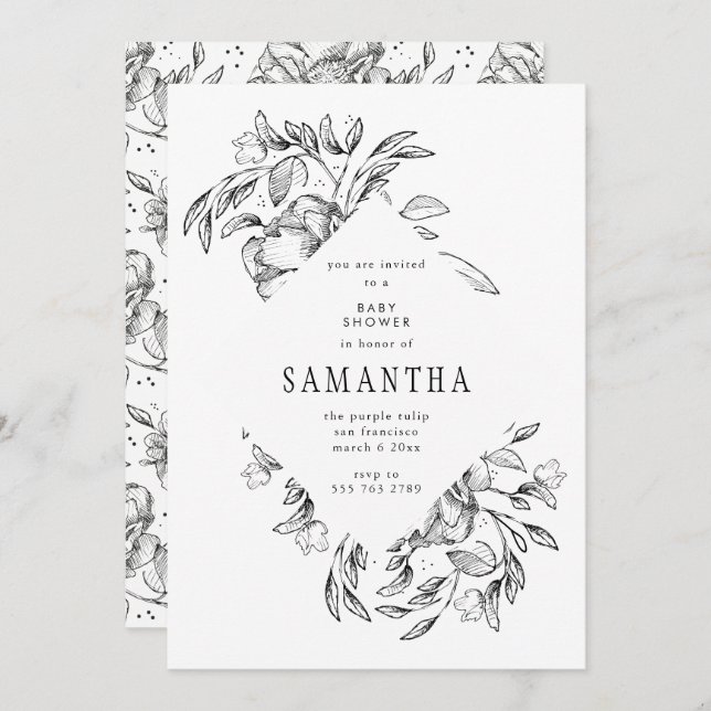 Convite para Chá de fraldas Floral Romântico Preto (Frente/Verso)