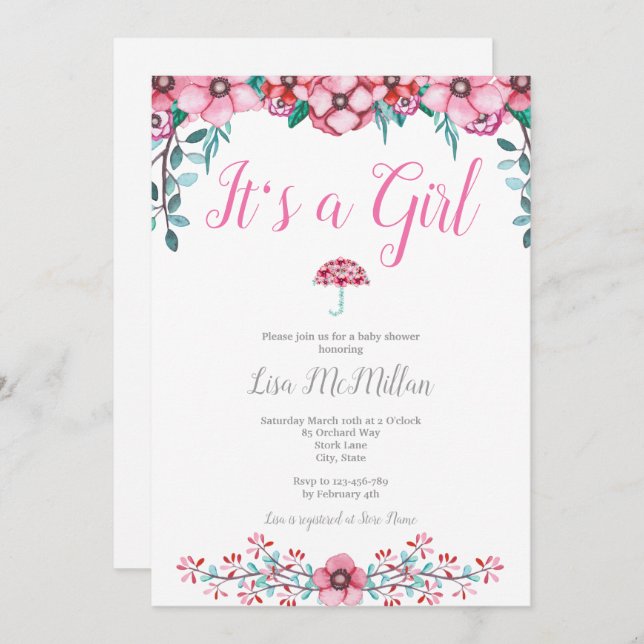 Convite para Chá de fraldas Floral Rosa (Frente/Verso)