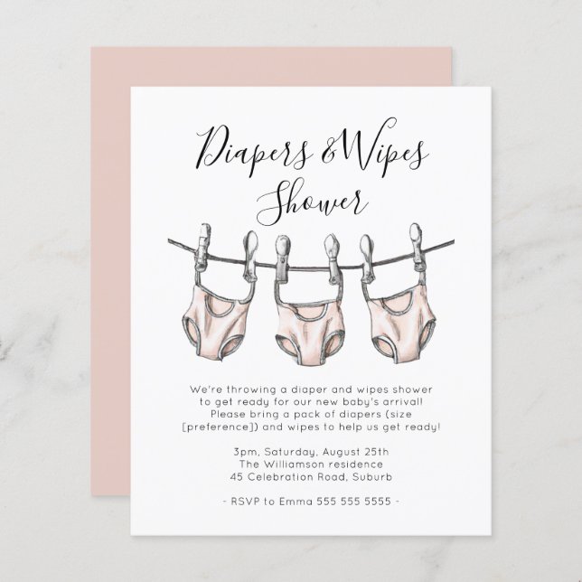 Convite para Chá de fraldas Fraldas e Esfregações  (Frente/Verso)