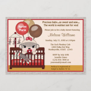 Convite para Chá de fraldas GIRL Sock MONKEY Crib
