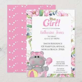Convite para Chá de fraldas Hippo Floral Rosa-Rosa