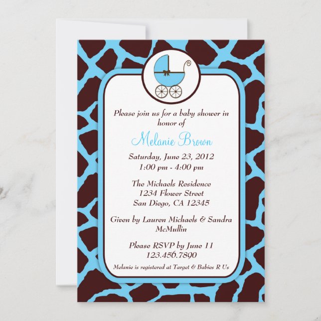 Convite para Chá de fraldas Impressão de Girafa Az (Frente)