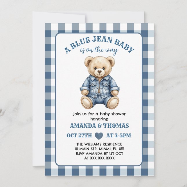 Convite para Chá de fraldas Jean Azul Bear (Frente)