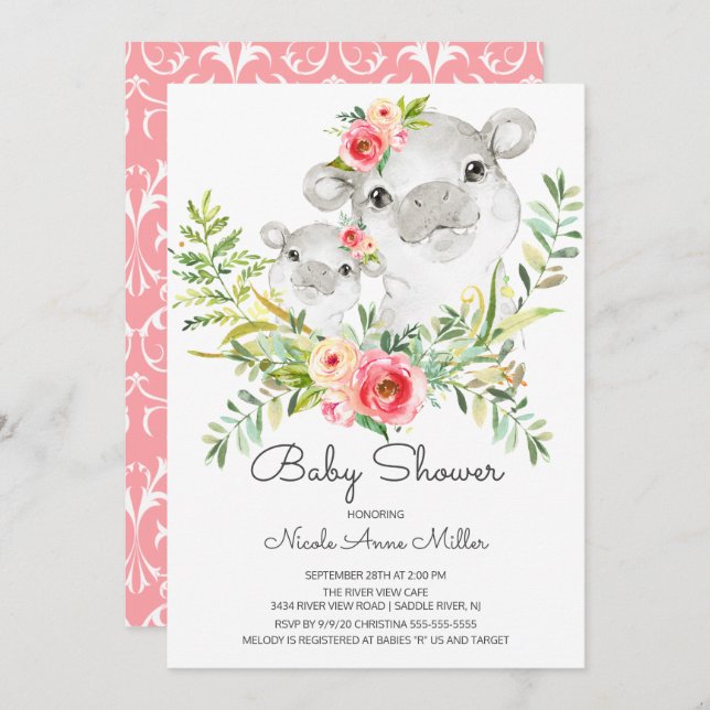 Convite para Chá de fraldas Jungle Hippo Adorable (Frente/Verso)