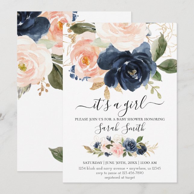 Convite para Chá de fraldas marinho e Blush (Frente/Verso)