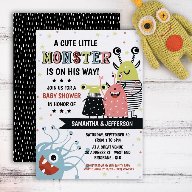 Convite para Chá de fraldas Monster (No trick or treats here. Our “terrorffic” monster baby shower is all you need. )