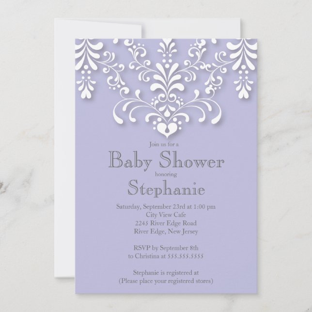 Convite para Chá de fraldas Na moda Purple Damask (Frente)