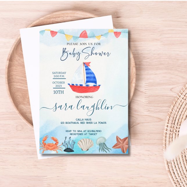 Convite para Chá de fraldas Náutico de Barcos de A (Boat Nautical Baby Shower Invite)