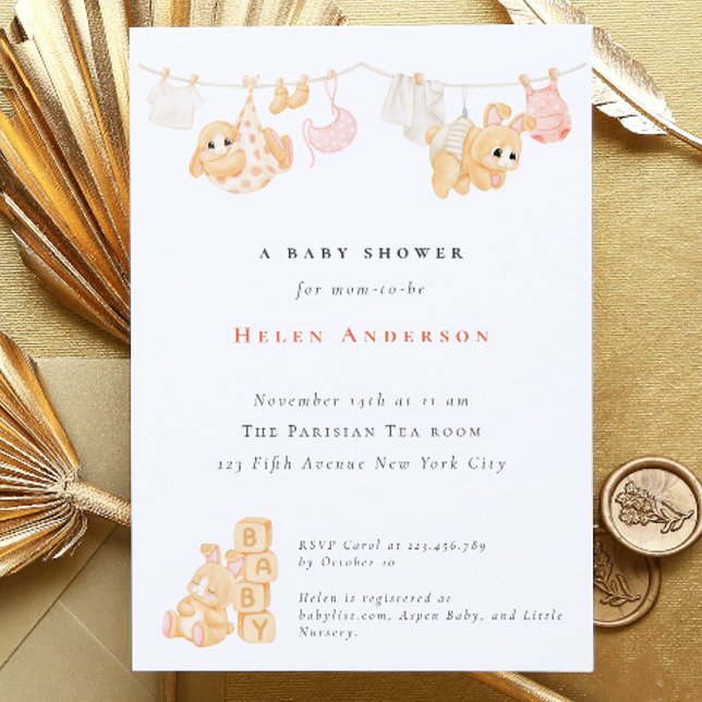 Convite para Chá de fraldas Neutro de Cony Waterco (Zazzle Bunny Watercolor Neutral Baby Shower Invitation)