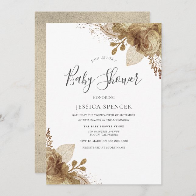 Convite para Chá de fraldas Neutro Floral de Ouro  (Frente/Verso)