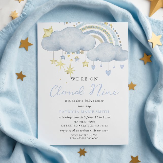 Convite para Chá de fraldas Nine Baby Boy (We are on Cloud Nine Baby Boy Baby Shower Invitation)