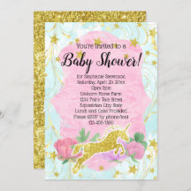 Convite para Chá de fraldas Pastel Dourado Unicorn