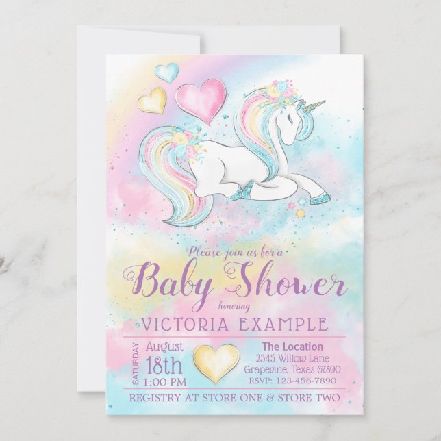 Convite para Chá de fraldas Pastel Unicorn Rainbow (Frente)