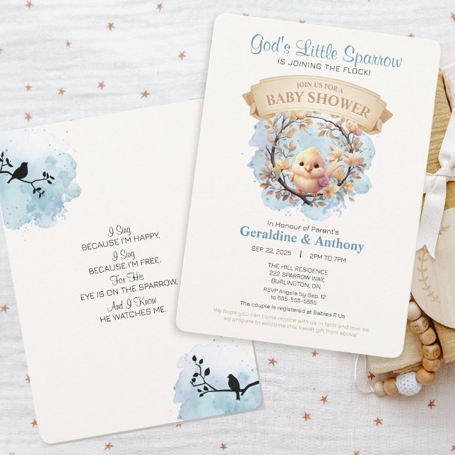 Convite para Chá de fraldas Pequeno de Deus (Adorable gender neutral sparrow design faith-filled invitation with watercolor blue accents.)