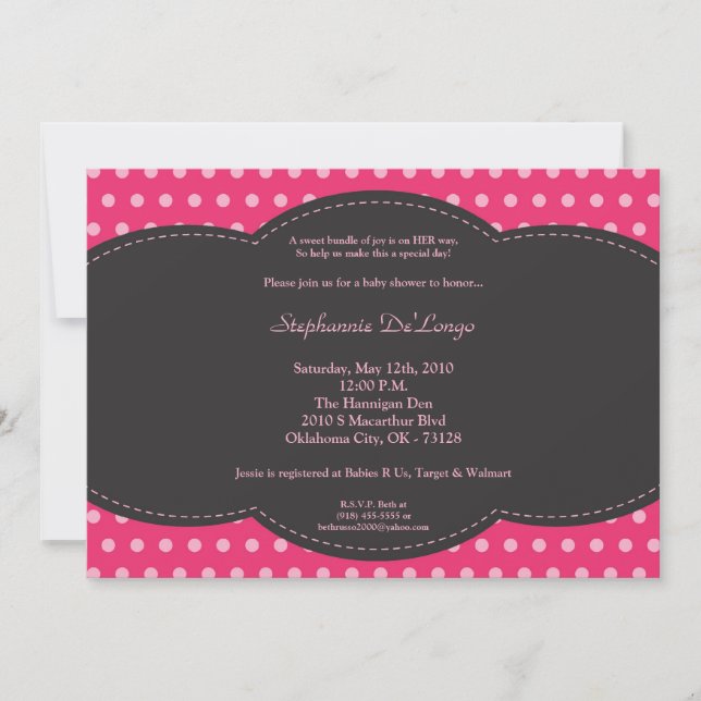 Convite para Chá de fraldas Polkadot Rosa 5x7 (Frente)
