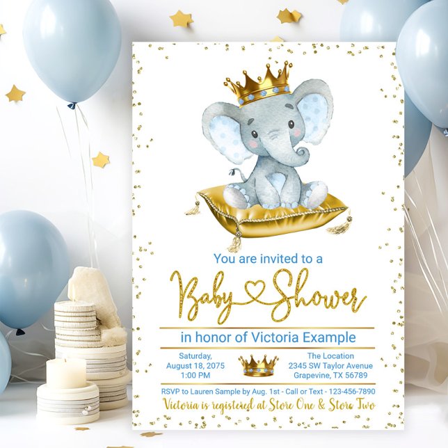 Convite para Chá de fraldas Príncipe Elefante (Boy elephant prince baby shower invitation. Baby blue and gold baby shower invitation.)
