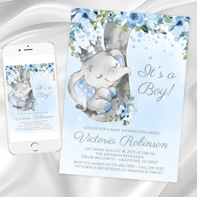 Convite para Chá de fraldas Príncipe Encantado Ele (Elephant prince baby shower invitation. Instant download and printed invitations available.)