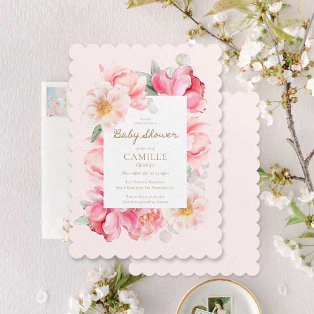 Convite para Chá de fraldas Rosa Elegante (Elegant Watercolor Pink floral Baby Shower Invitation)