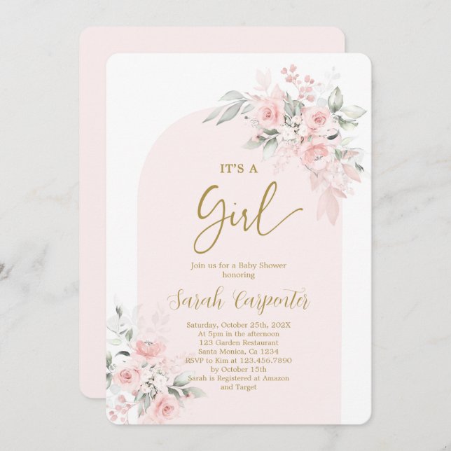 Convite para Chá de fraldas Rosa Esbranquiçada (Frente/Verso)