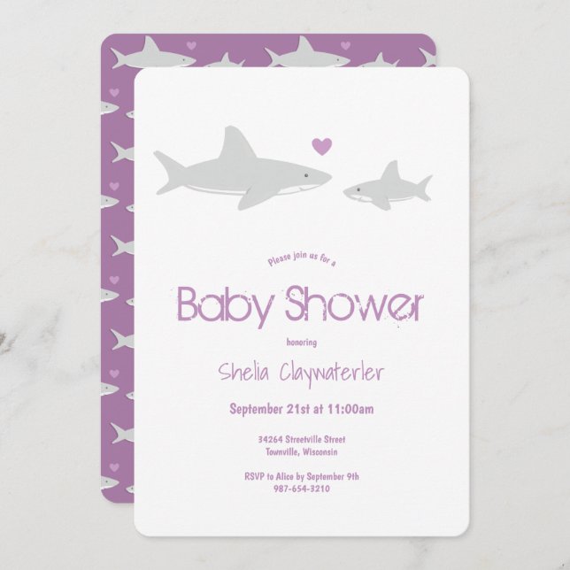 Convite para Chá de fraldas Roxo de Tubarão Cortad (Frente/Verso)