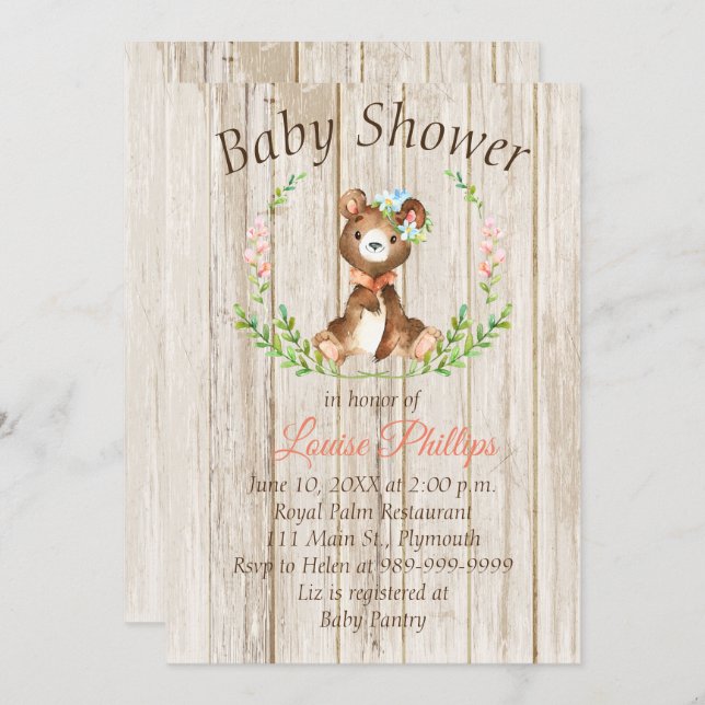 Convite para Chá de fraldas Rustic Baby Bear (Frente/Verso)
