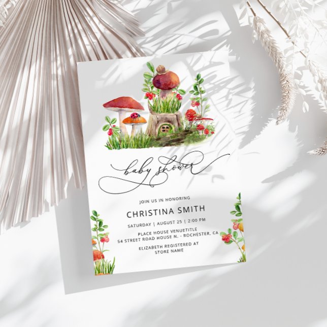 Convite para Chá de fraldas Rustic Woodland Mushro (Criador carregado)