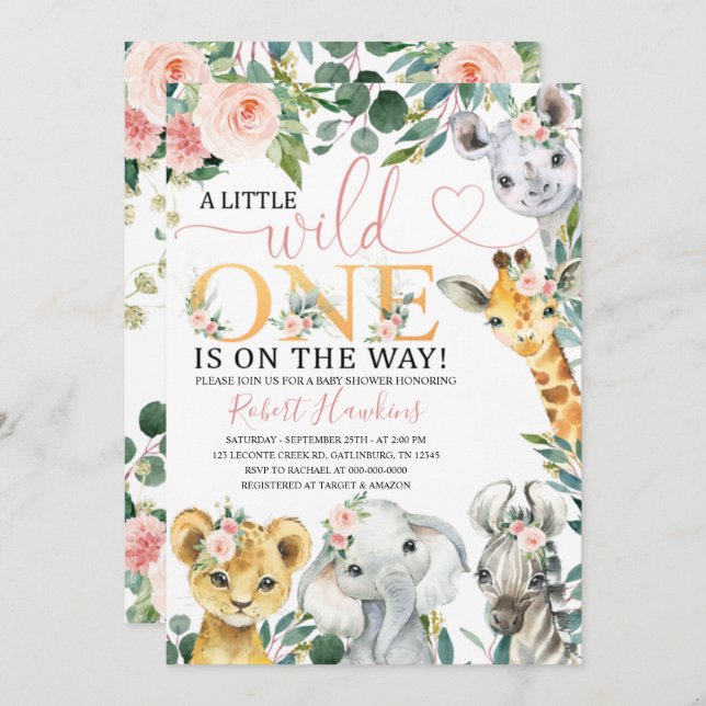 Convite para Chá de fraldas Safari Menina Editável (Frente/Verso)