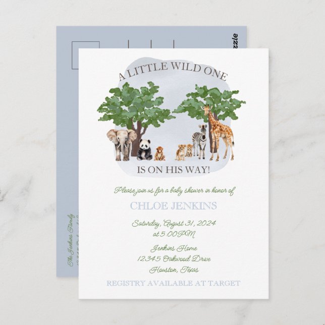 Convite para Chá de fraldas Safari Selvagem de Um  (Frente/Verso)