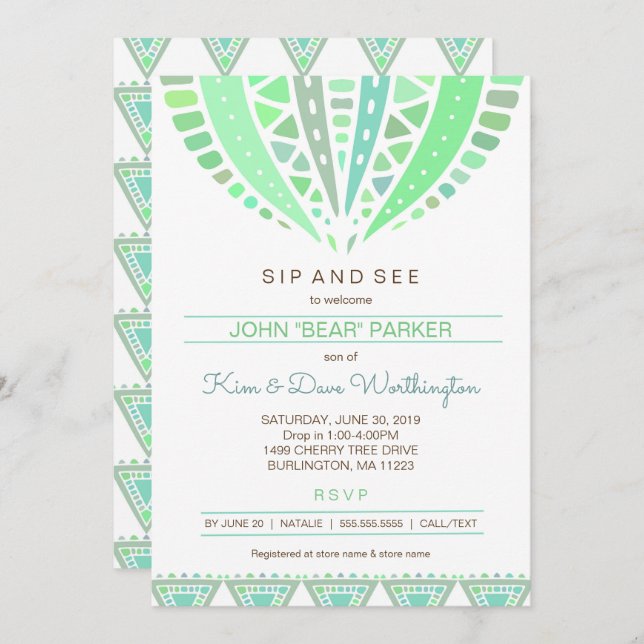 Convite para chá de fraldas Sip and See, rapaz man (Frente/Verso)