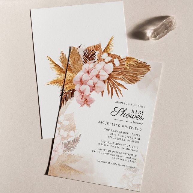 Convite para Chá de fraldas Terracotta Pampas Gras (Pink Floral Pampas Grass Baby Shower Invitation)